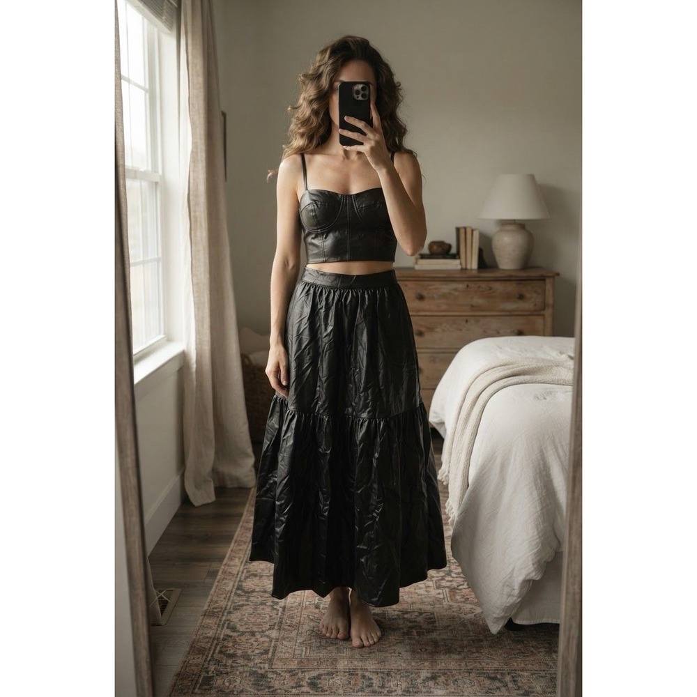 ICCO Women's Faux Leather Set Of 2 Crop Top & Tiered Maxi Skirt Cognac Black M